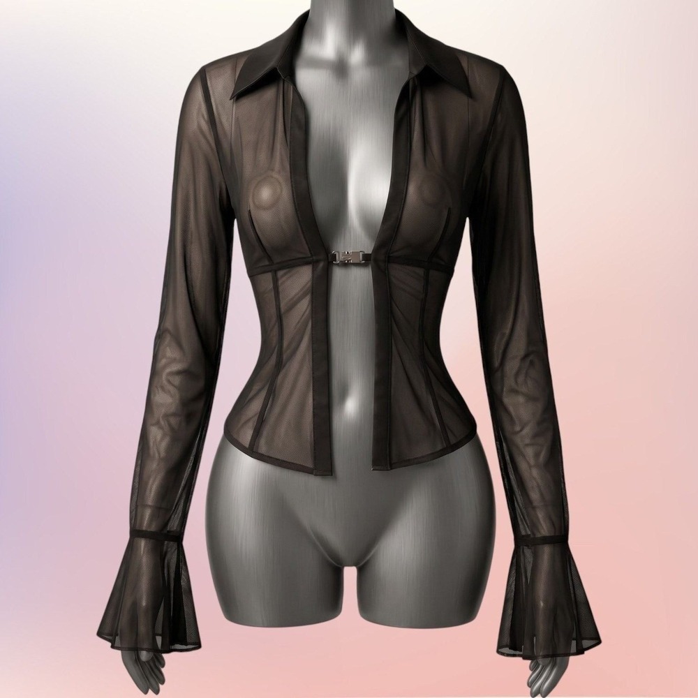 New Medium Black Sheer Mesh Long‎ Sleeve Open Front Blouse Retro Y2k Sexy Summer